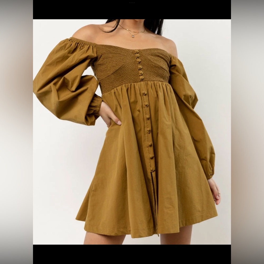 ALAMIA Off Shoulder Long Puff Sleeve Peasant Olive Green Mini Dress size S
